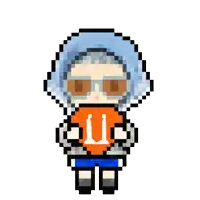 a pixel art drawing of a person holding a heart with the letter u on it
