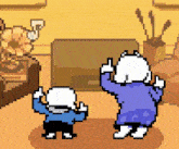sans and papyrus are dancing in a living room in a pixel art style .