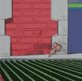 a cartoon mouse is standing in front of a brick wall and a green fence .