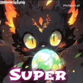 a picture of a cat holding a ball with the word super on the bottom
