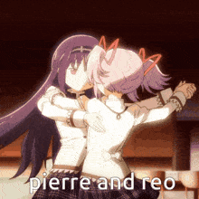 two anime girls are hugging and the words pierre and reo are below them