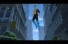 a man in a superhero costume is flying through the air between two buildings