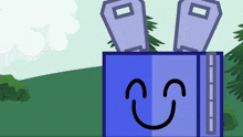 a cartoon drawing of a blue box with a smiling face on it