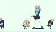 a group of anime girls standing next to each other with one pointing