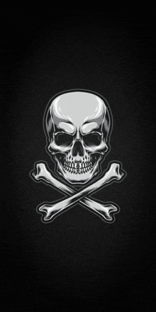 a black and white skull with crossbones on a black background .