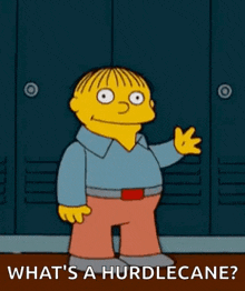 ralph from the simpsons is standing in front of a locker and waving at the camera .