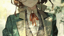 a close up of a person wearing a suit and a bow tie .