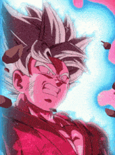 a close up of a cartoon character with a red and blue background