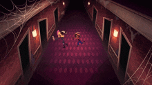 a cartoon of a woman holding a cane in a hallway with people running