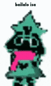 a pixel art of a cartoon character with a pink scarf around his neck and the words bailalo isa on the bottom .