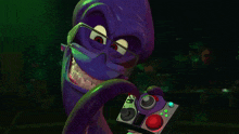 a purple octopus with glasses is holding a red button