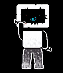 a pixel art drawing of a robot with a black face and a red tongue .