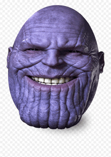 a purple thanos head with a big smile on it