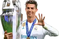 a man holding a trophy with a medal around his neck that says emirates