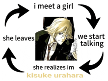 a picture of a man with the words i meet a girl she leaves we start talking