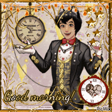 a picture of a man holding a clock that says guangdong city