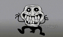 a black and white drawing of a troll with a big smile on his face .