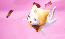 a cartoon cat with a yellow hood is flying through the air