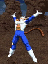 a cartoon character in a blue and white outfit with a tail