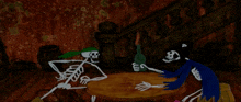 two skeletons are sitting at a table with a bottle in their hand