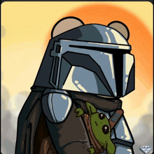 a cartoon drawing of a man in armor with a baby on his back