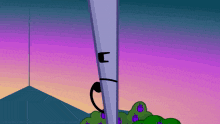 a cartoon character with a sad face is standing next to a bush with purple berries