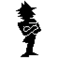 a pixel art silhouette of a man with his arms crossed and a infinity symbol on his chest .