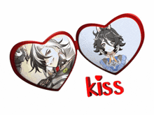 two red hearts with a picture of a boy and the word kiss below them