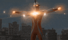 a cartoon character is standing in front of a city skyline