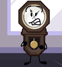 a cartoon clock with a face and arms and legs is standing in front of a window