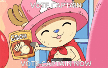 a cartoon character is holding a bag of pistachios and says vote captain