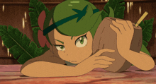 a cartoon character with green hair is holding a coconut with a straw