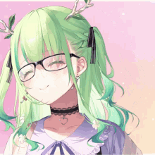 a girl with green hair and antlers wearing glasses