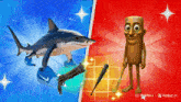 a blue and red background with a shark a gun and a man