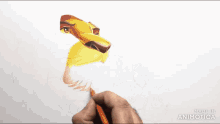 a person is drawing a lion with a red pencil on a white paper