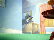 a cartoon of tom and jerry in a room with a table