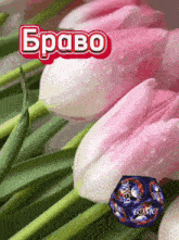 a bouquet of pink and white flowers with the word bravo on top
