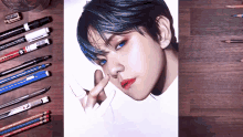 a drawing of a young man with blue hair and red lips