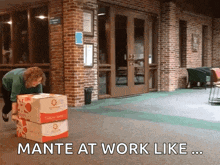 a woman is carrying a stack of boxes with the words mante at work like