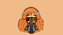 a cartoon girl holding a red alarm clock that says 6:00