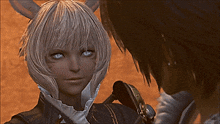 a man and a woman are looking at each other and the woman has horns on her head