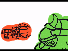 a drawing of a green monster and an orange monster with horns