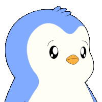 a blue and white cartoon penguin with a sad look on its face