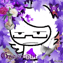 a picture of a cartoon character with purple leaves and flowers and the words " goodnight " on the bottom