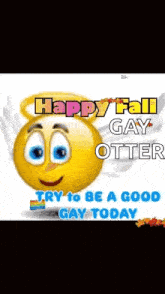 a smiley face with wings and a rainbow flag says happy fall gay otter