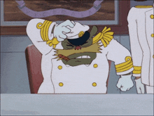 a cartoon of a man in a military uniform with a victory banner behind him