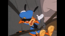 a cartoon character wearing a blue hat and gloves is waving