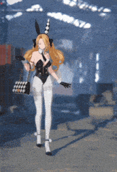 a girl in a bunny outfit is holding a checkered purse