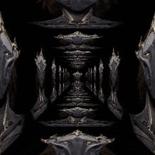 a painting of a very long hallway with a lot of faces on it