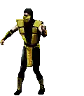 a pixel art of a person in a yellow and black costume kicking their leg in the air .